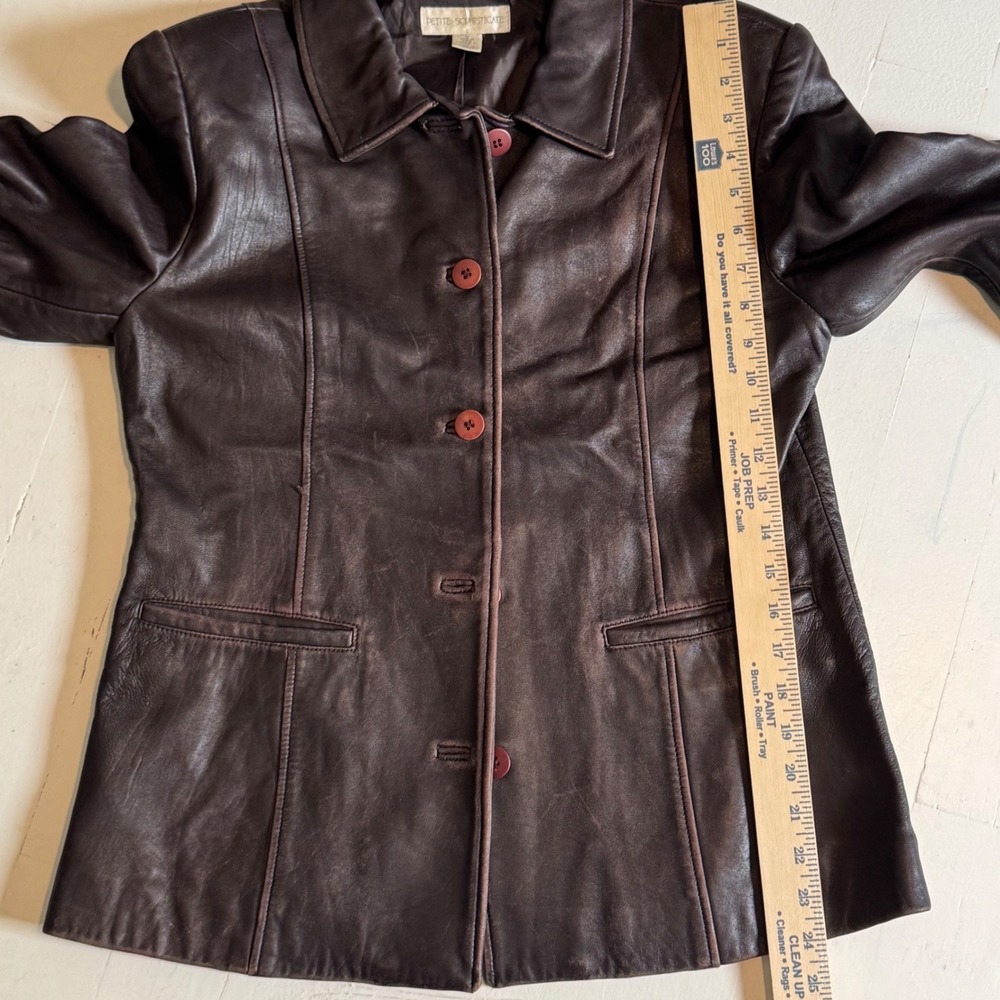 90s Vintage Brown Patina Leather Jacket Button Front Car Coat Eclectic Matrix M - Picture 9 of 9